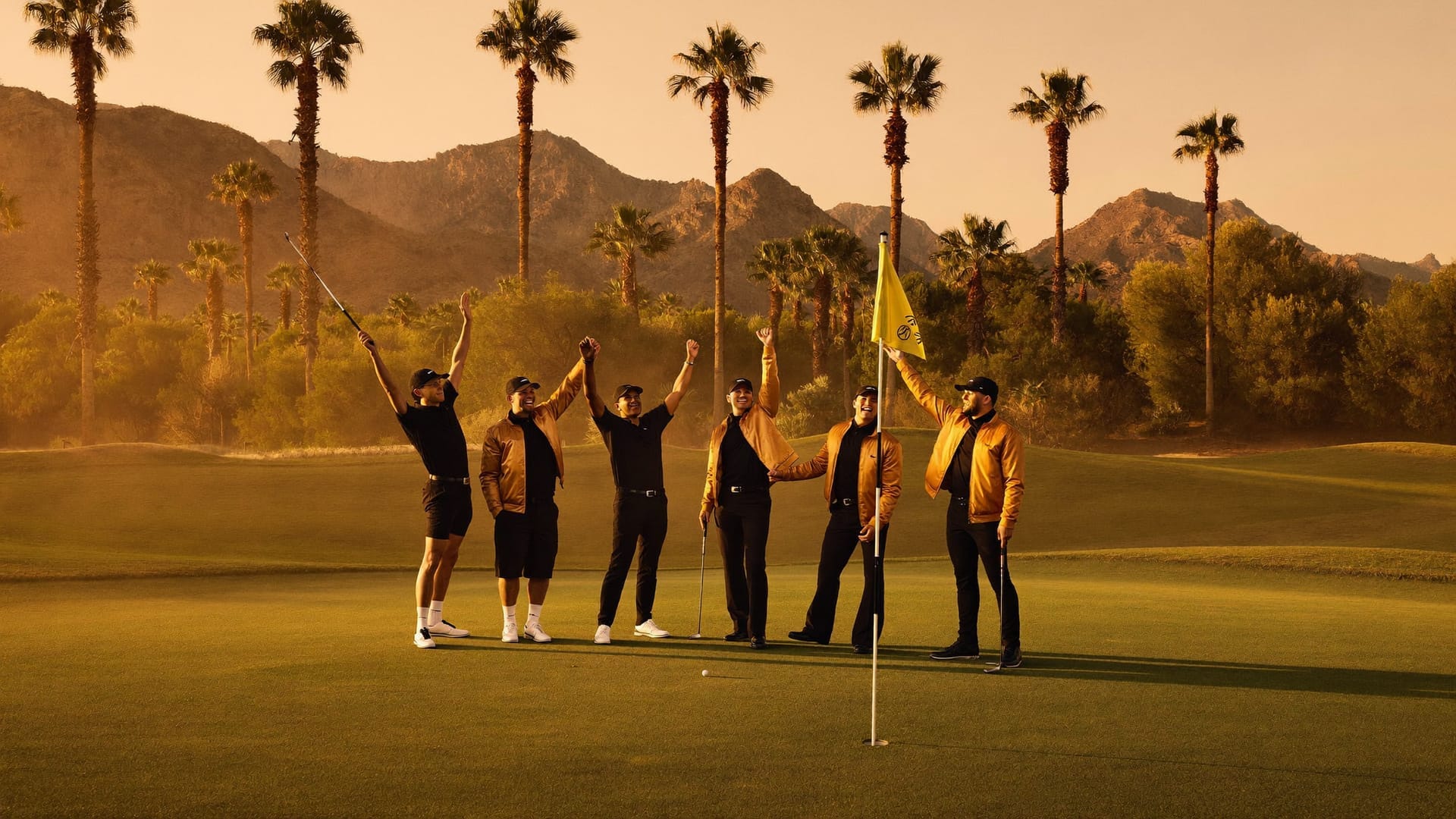 The Dope Golf crew celebrating a putt at golden hour